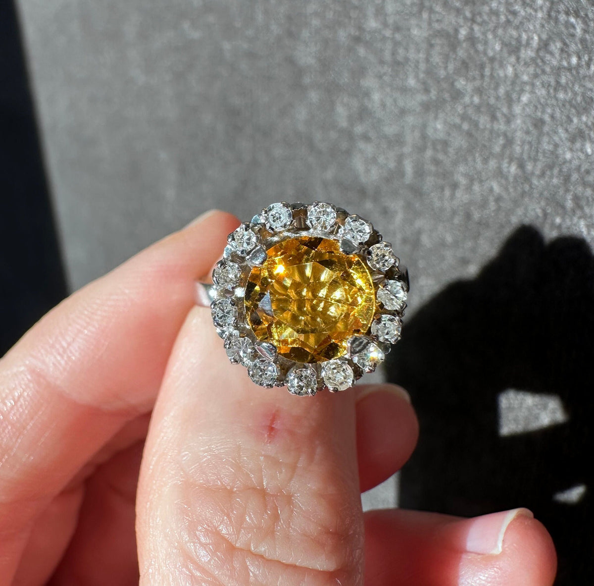 Estate Solid 14K White Gold Citrine & Diamond Halo Ring