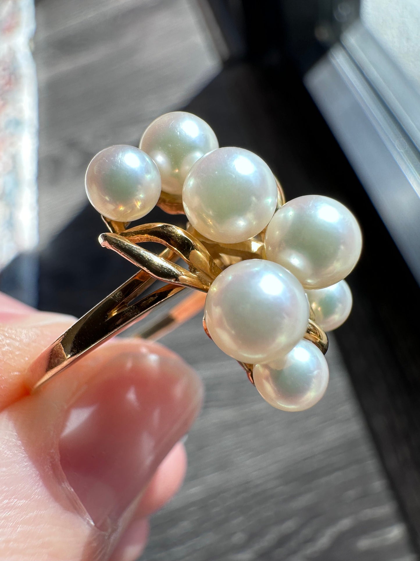 Vintage Estate 18k Solid Yellow Gold Mikimoto 8 Pearl Ring