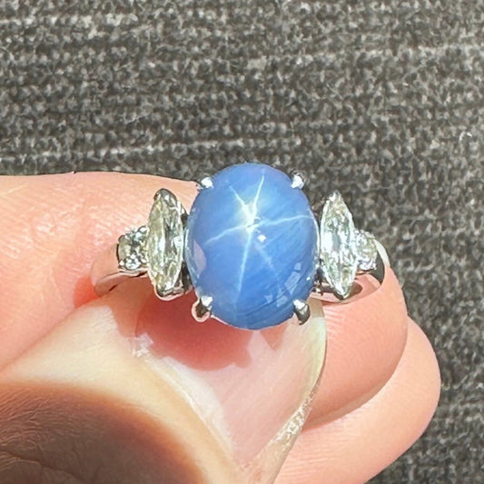 Vintage Platinum 5.26 CT Natural Star Sapphire and 0.56 CTW Diamond Ring