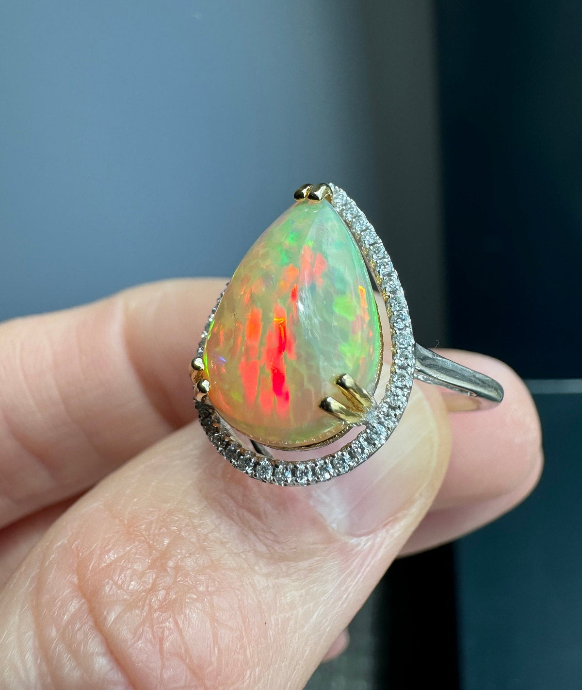 14K Solid Gold Natural Fire Honey Comb Opal & Diamond Ring