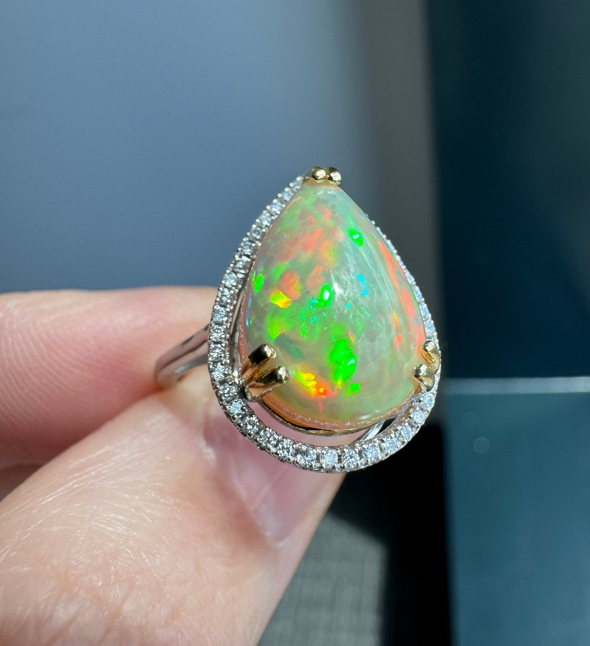 14K Solid Gold Natural Fire Honey Comb Opal & Diamond Ring