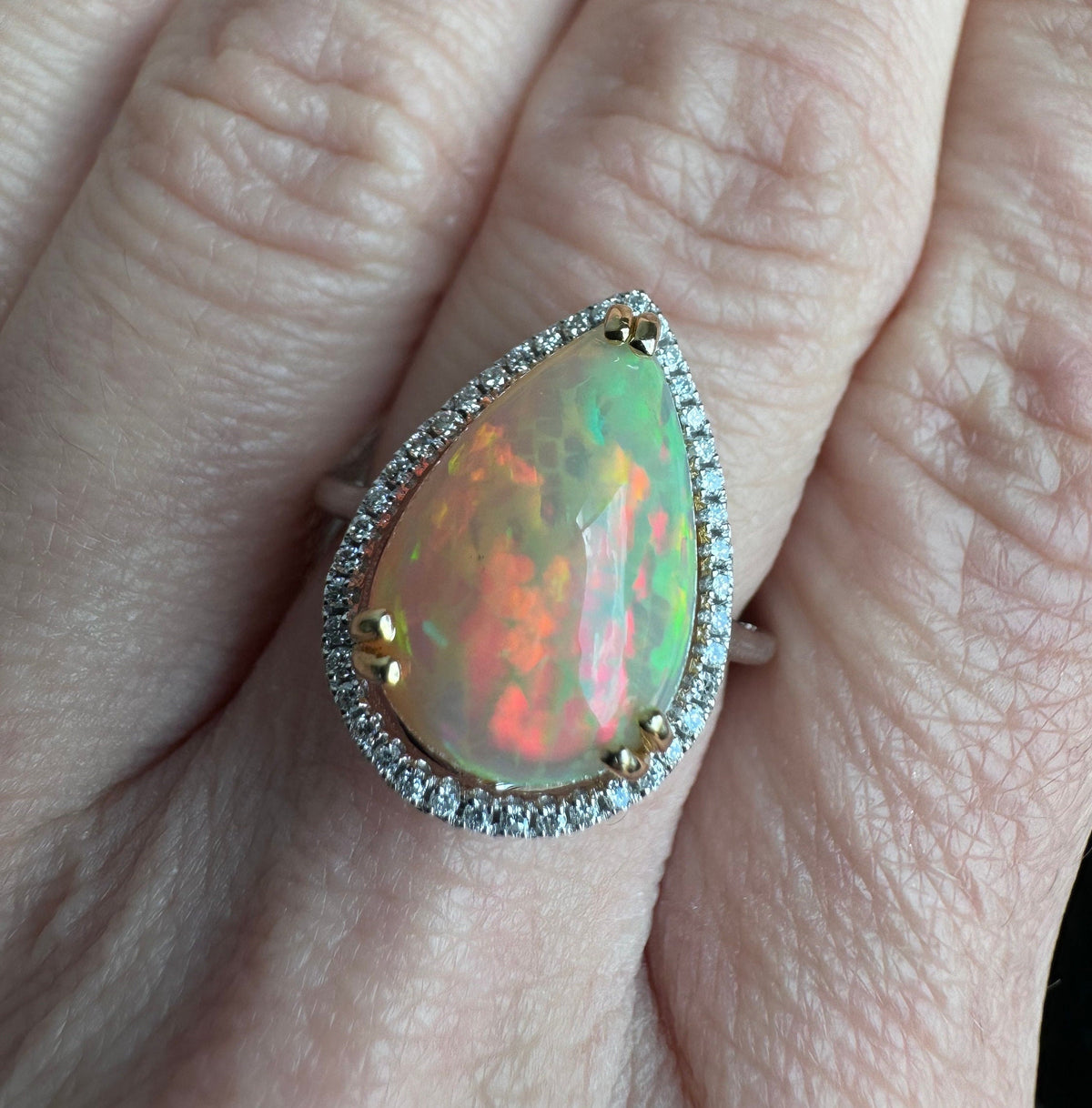 14K Solid Gold Natural Fire Honey Comb Opal & Diamond Ring