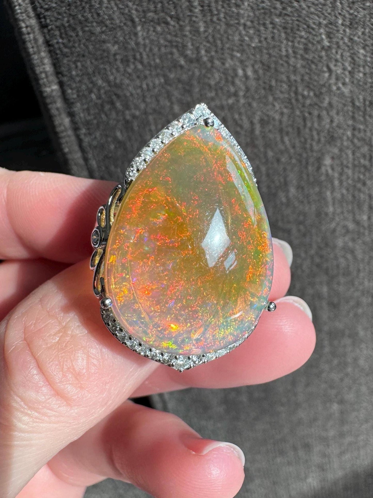 14K Solid White Gold 20.90 CT Natural Fire Opal and 0.43 Diamond Ring