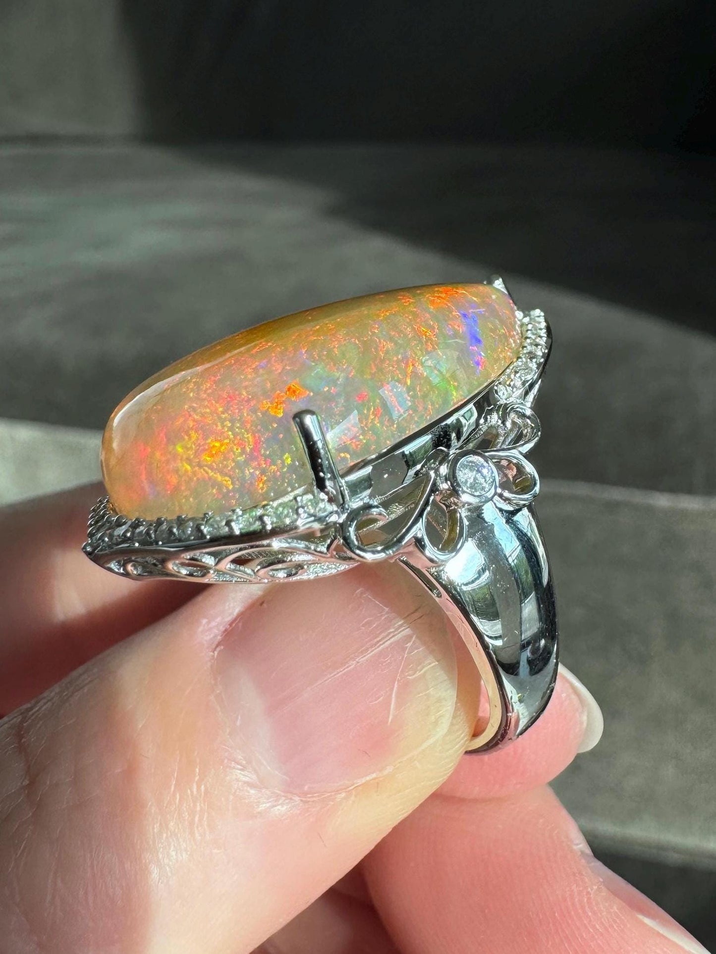 14K Solid White Gold 20.90 CT Natural Fire Opal and 0.43 Diamond Ring