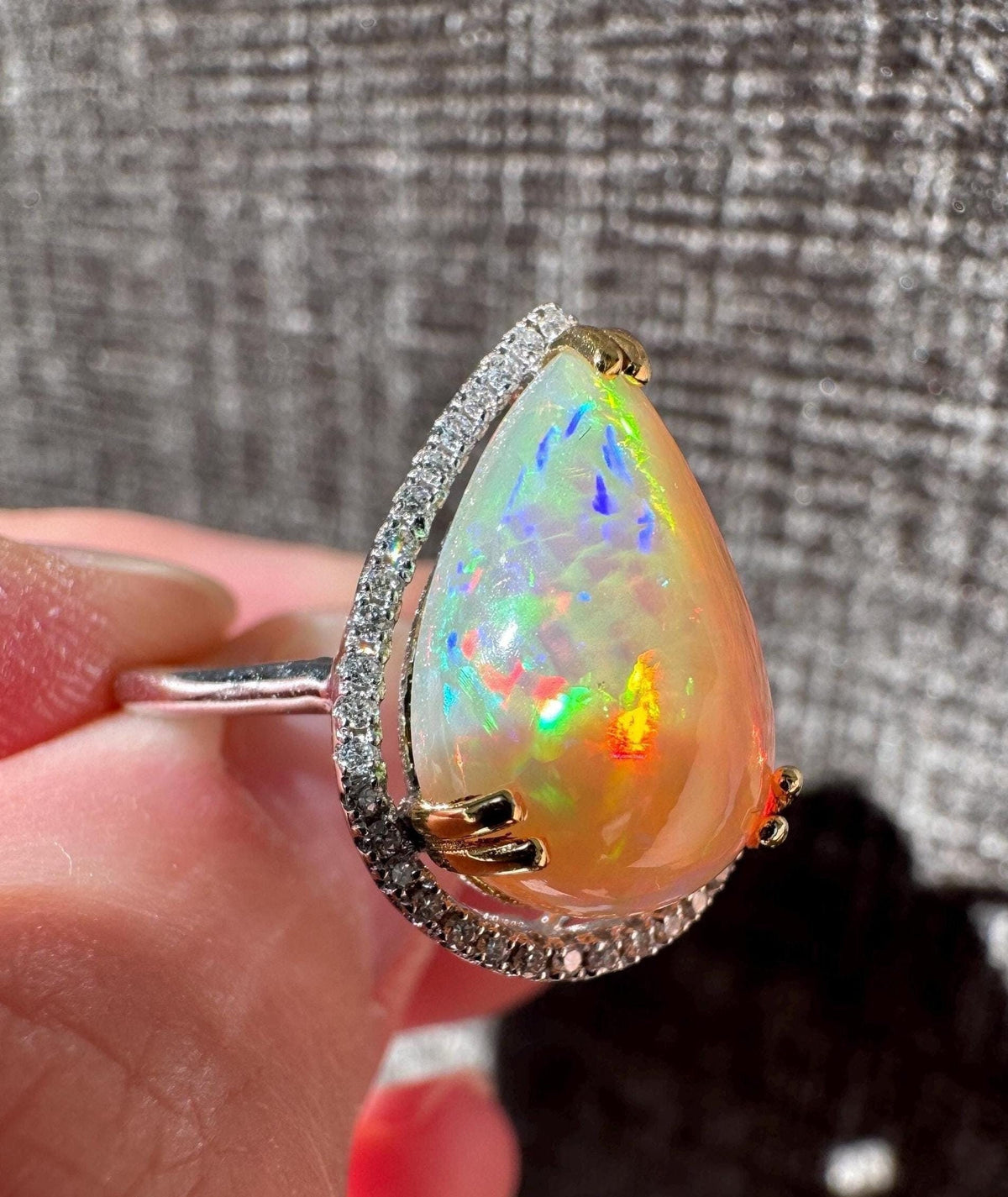 14K Solid Gold Natural Fire Honey Comb Opal & Diamond Ring