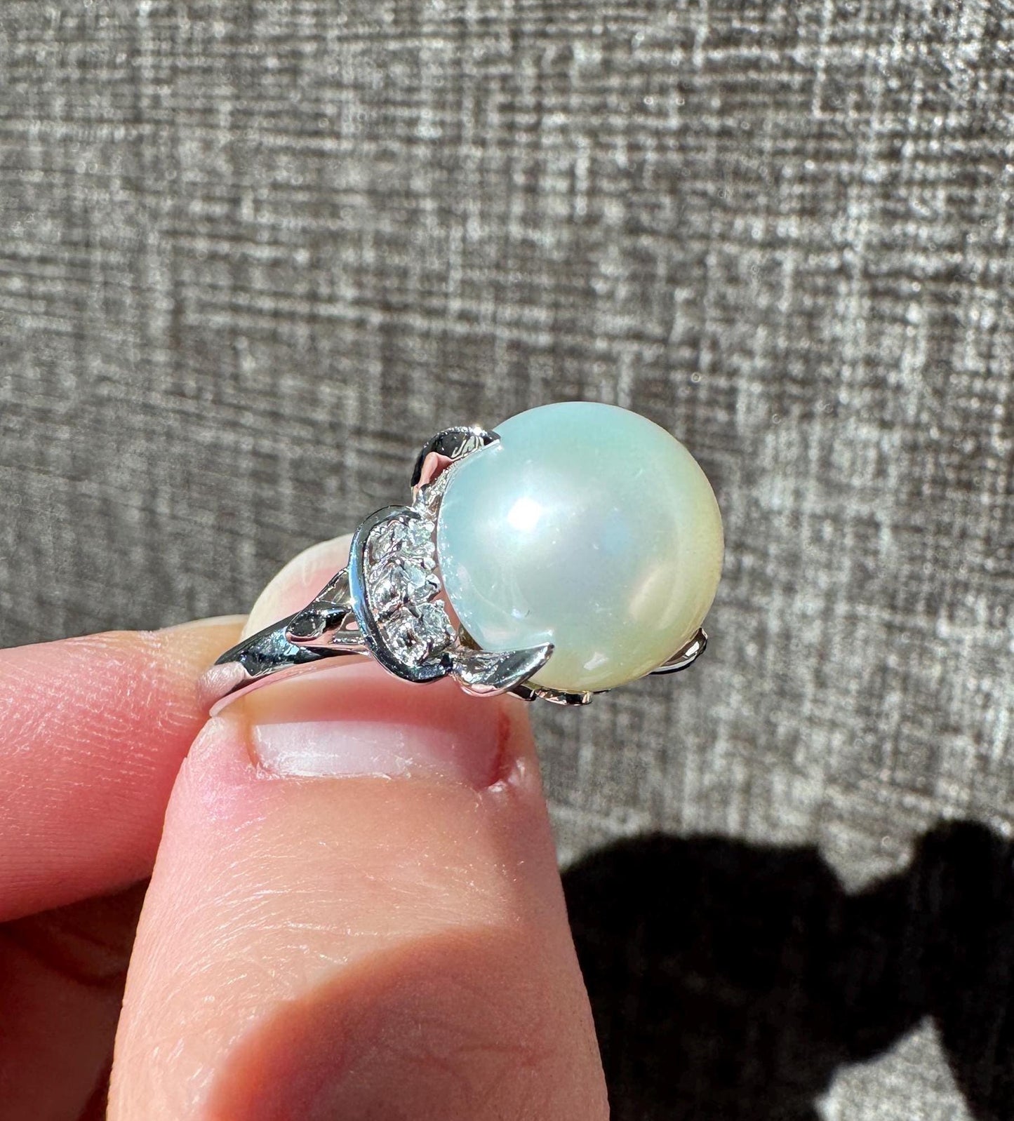 Estate Solid Platinum Natural Pearl (Large) and Diamond Ring