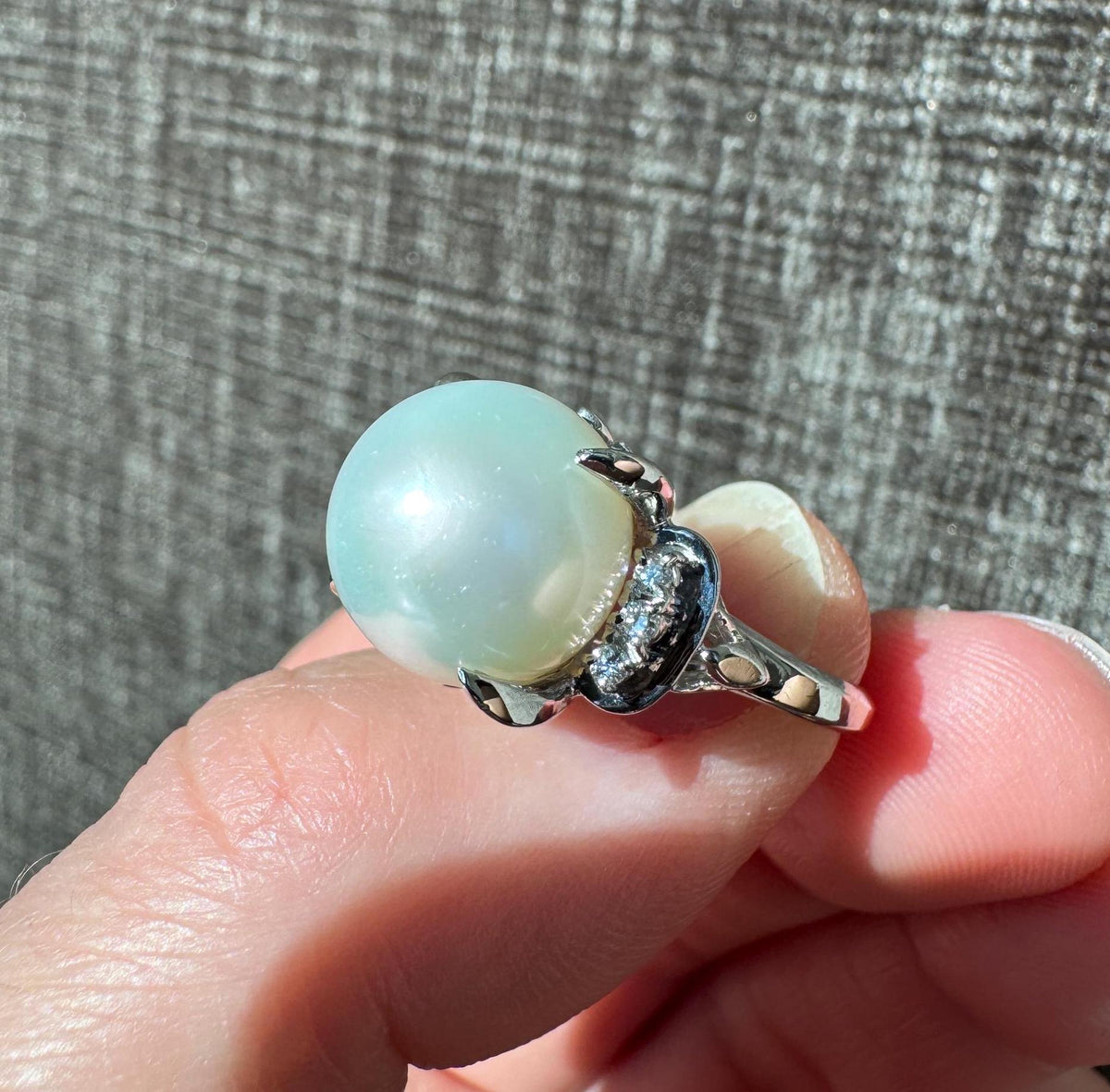 Solid Platinum Natural Pearl and Diamond Ring