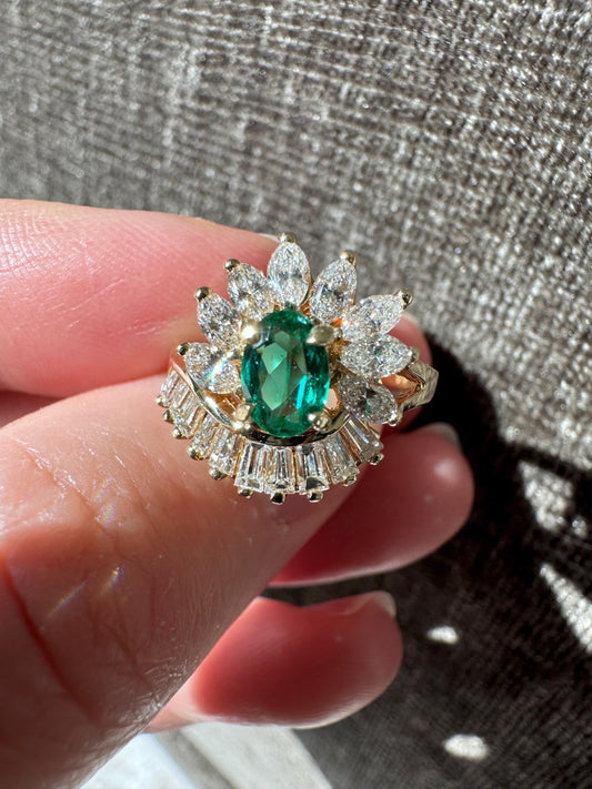 Estate Solid 14k Natural Emerald & Diamond Contemporary Asymmetric Bypass Style Ring