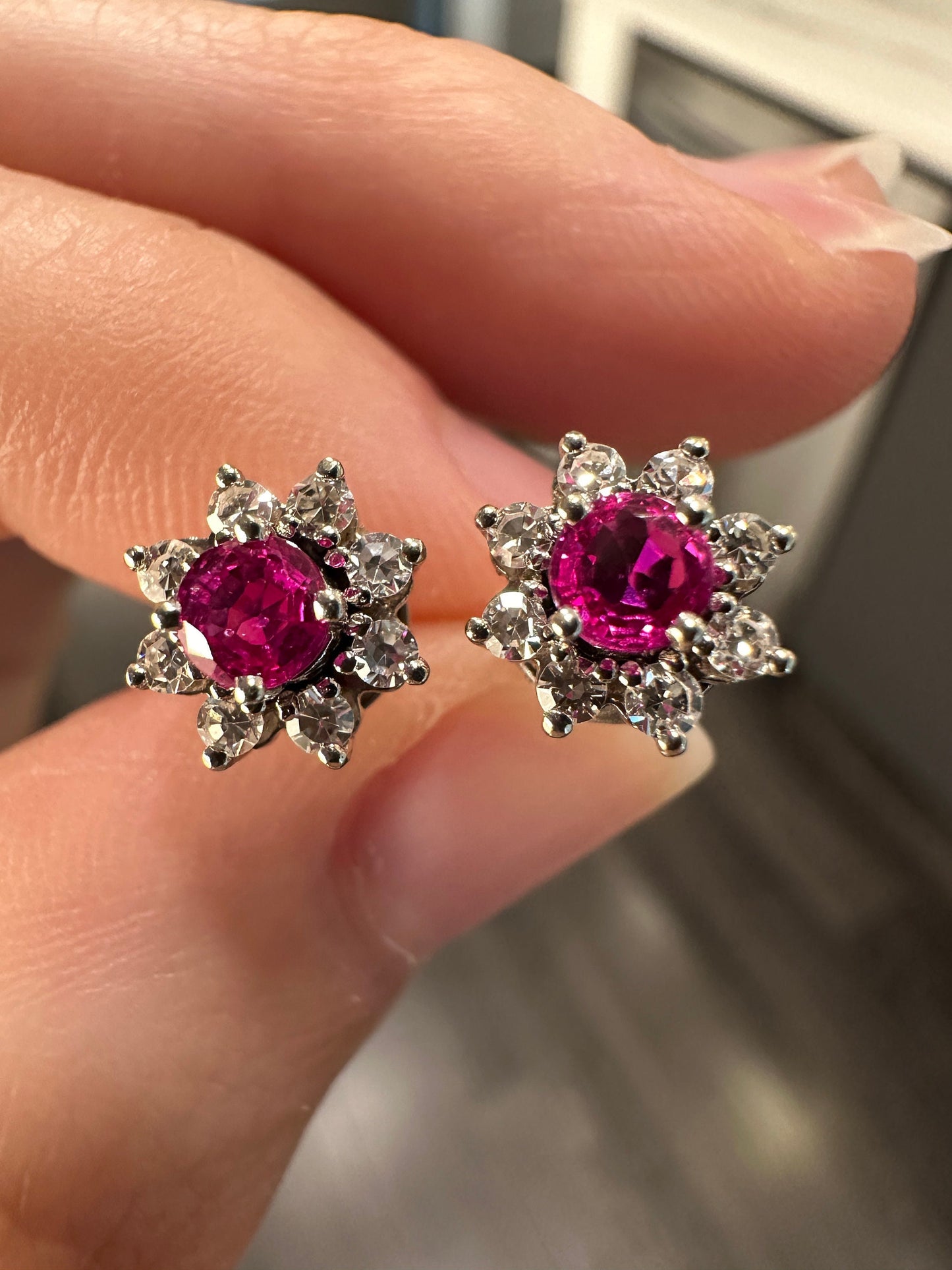 Stunning Estate Natural Ruby & Diamond Earrings Set in 14k Solid White Gold
