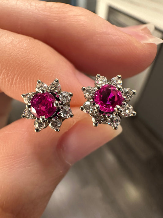Stunning Estate Natural Ruby & Diamond Earrings Set in 14k Solid White Gold