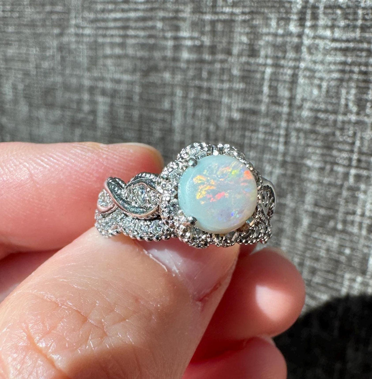 14k Solid White Gold & Natural Opal Diamond Ring