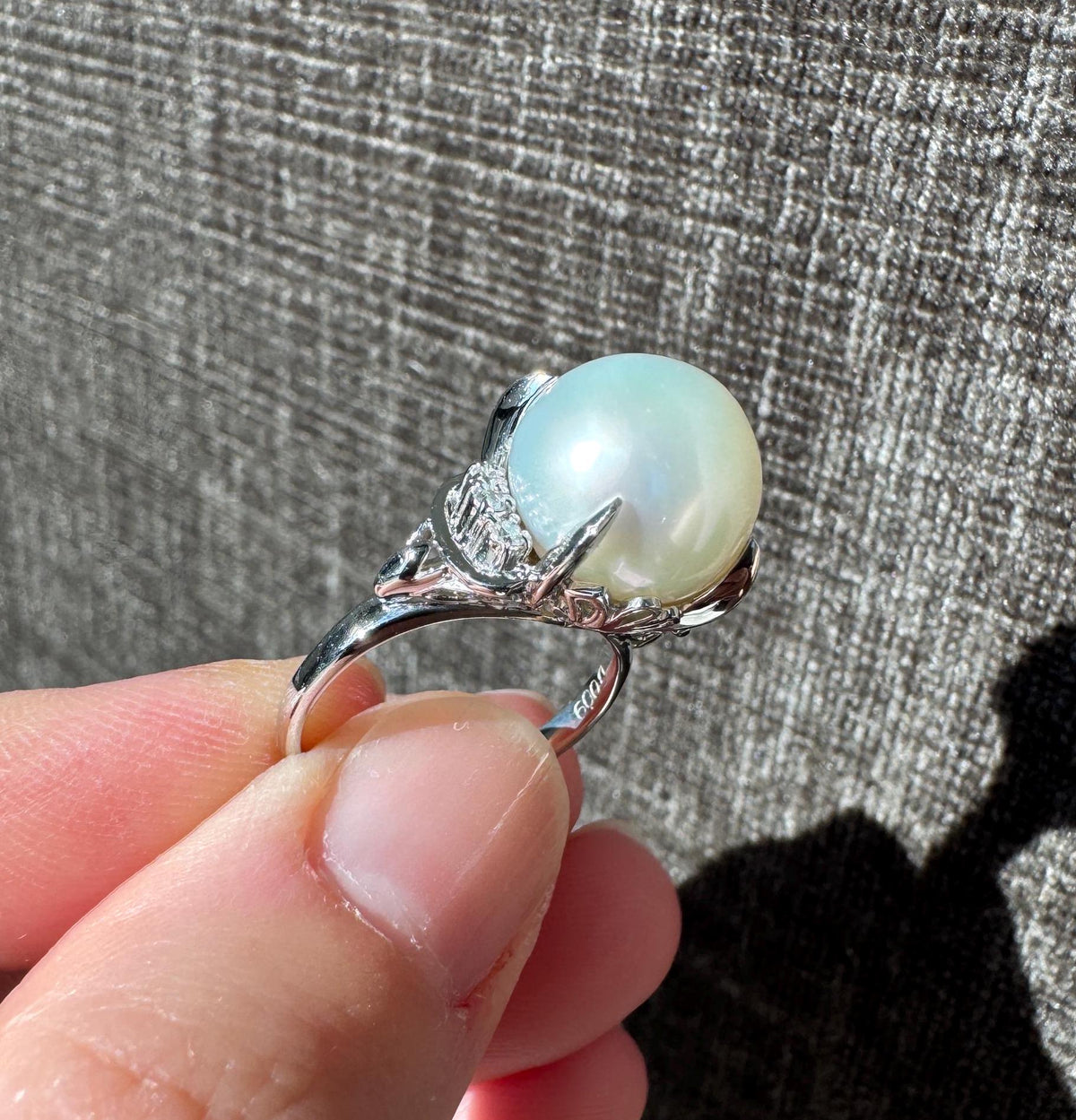 Solid Platinum Natural Pearl and Diamond Ring