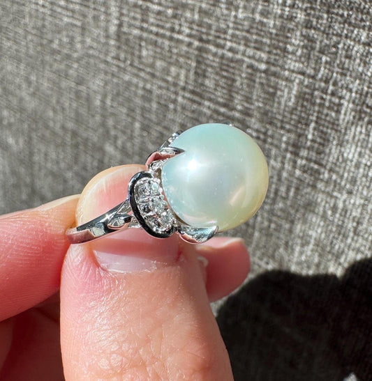 Estate Solid Platinum Natural Pearl (Large) and Diamond Ring
