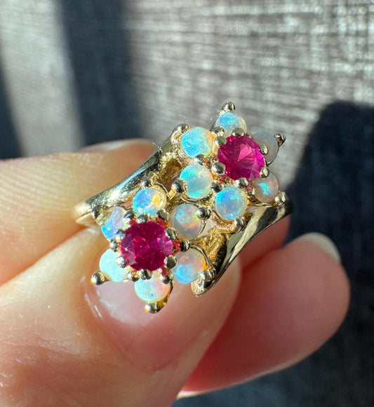 Stunning 14K Solid Yellow Gold Natural Opal and Diamond Ring