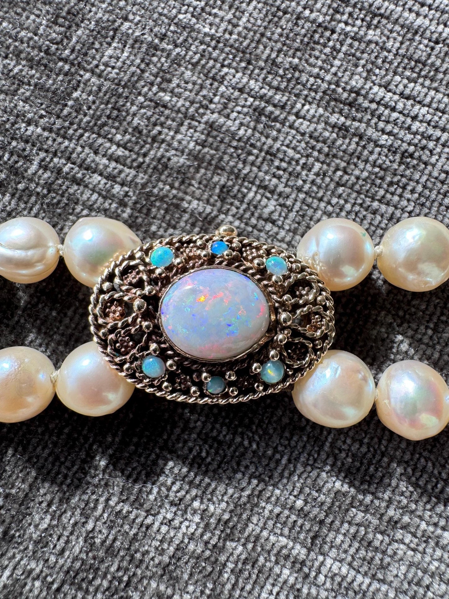 Beautiful Vintage Double-Strand Semi-Baroque Pearl Necklace with 14K Yellow Gold and Natural Opal Clasp