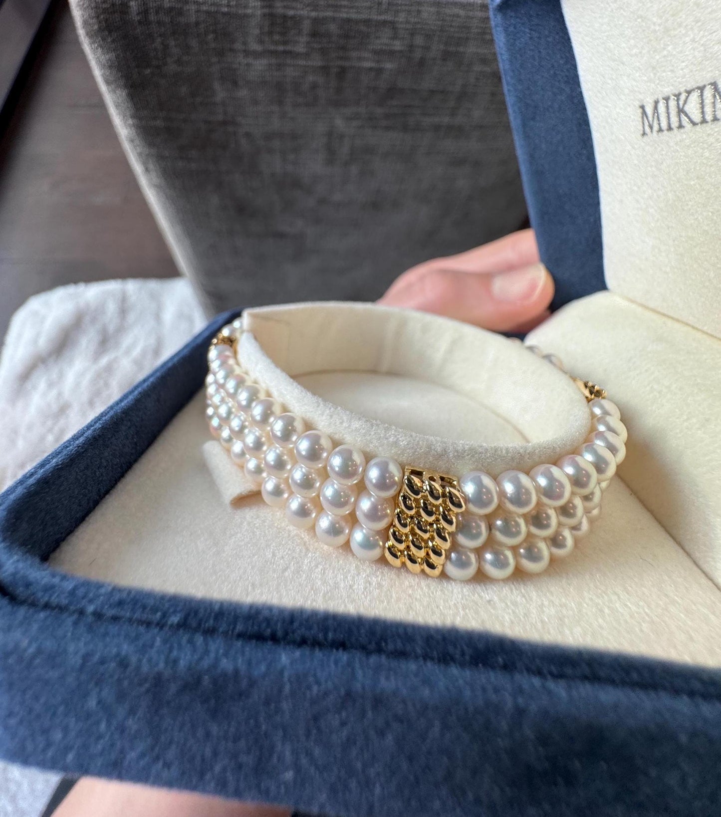 Beautiful Estate 14k Solid Yellow Gold Mikimoto 3 Strand Pearl Bracelet