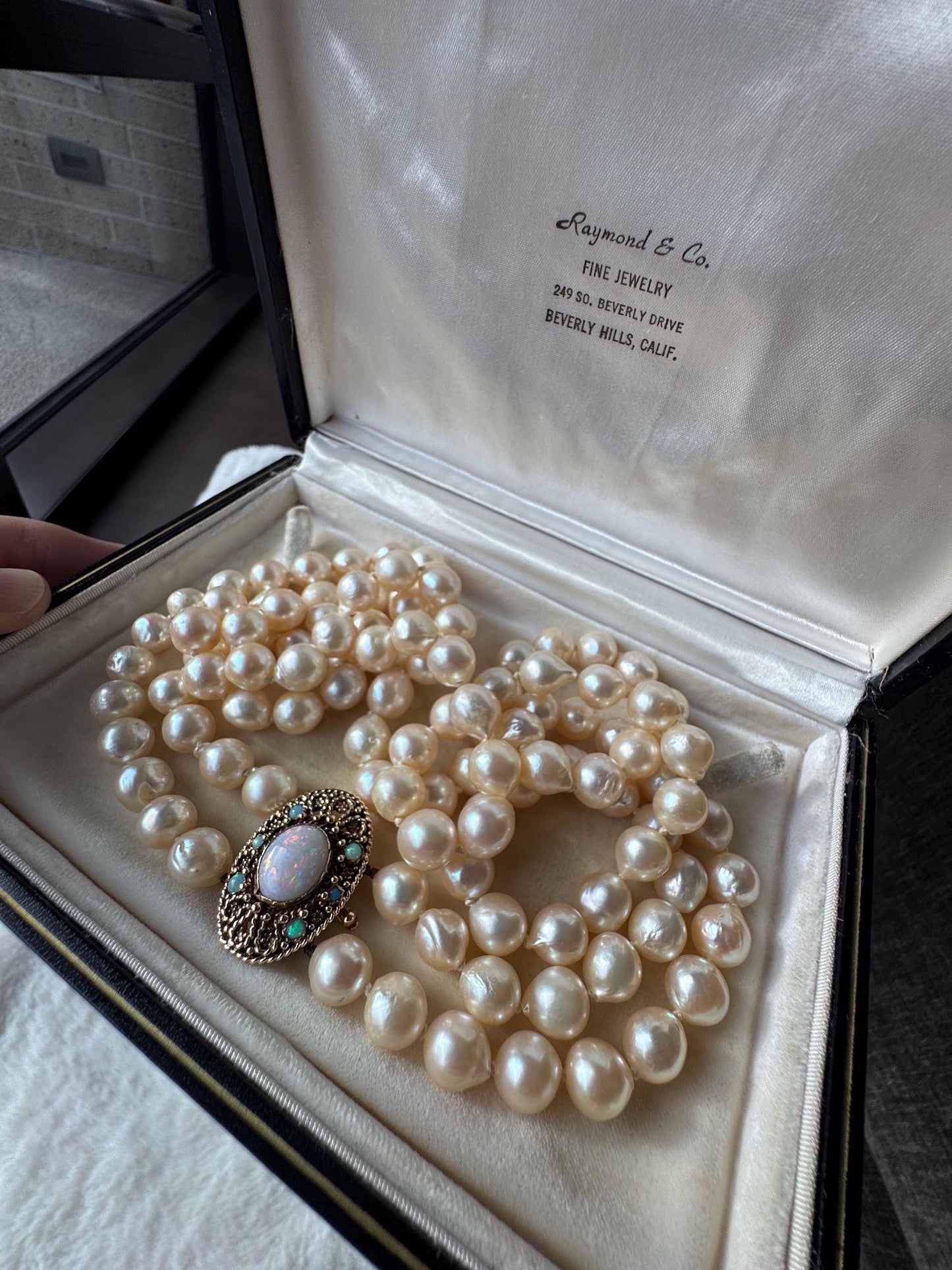 Beautiful Vintage Double-Strand Semi-Baroque Pearl Necklace with 14K Yellow Gold and Natural Opal Clasp