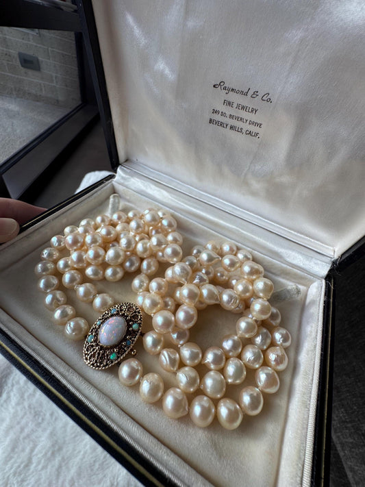 Beautiful Vintage Double-Strand Semi-Baroque Pearl Necklace with 14K Yellow Gold and Natural Opal Clasp