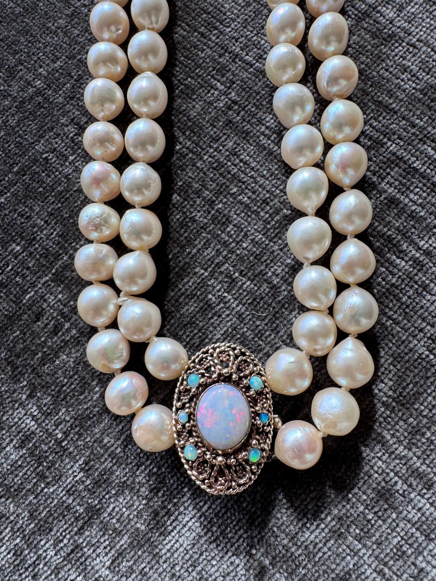 Beautiful Vintage Double-Strand Semi-Baroque Pearl Necklace with 14K Yellow Gold and Natural Opal Clasp