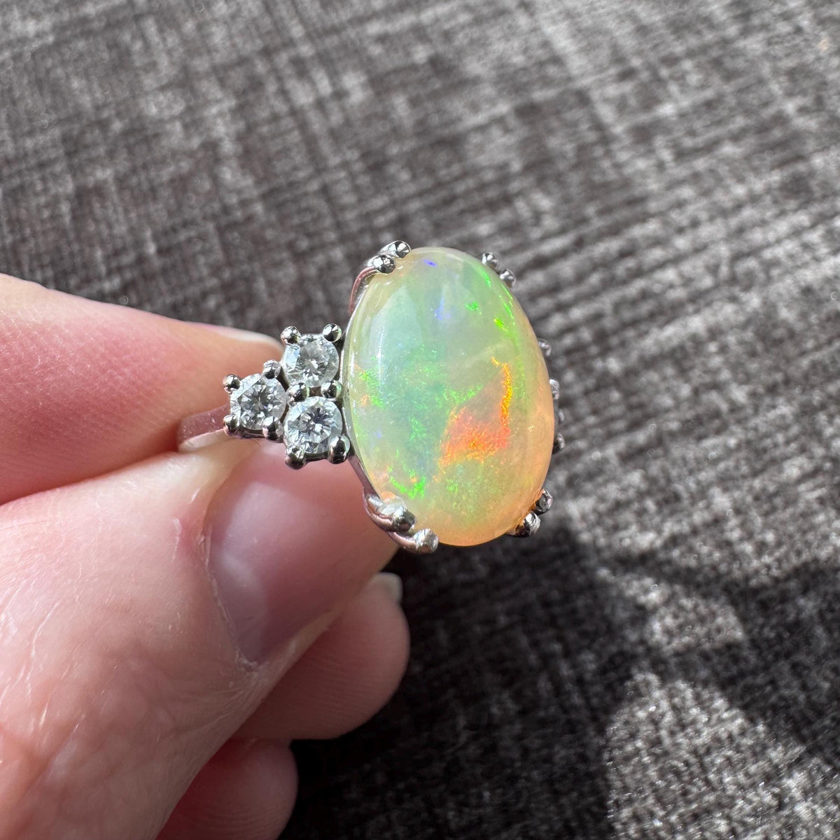 14K Solid Gold Natural Fire Opal Diamond Ring