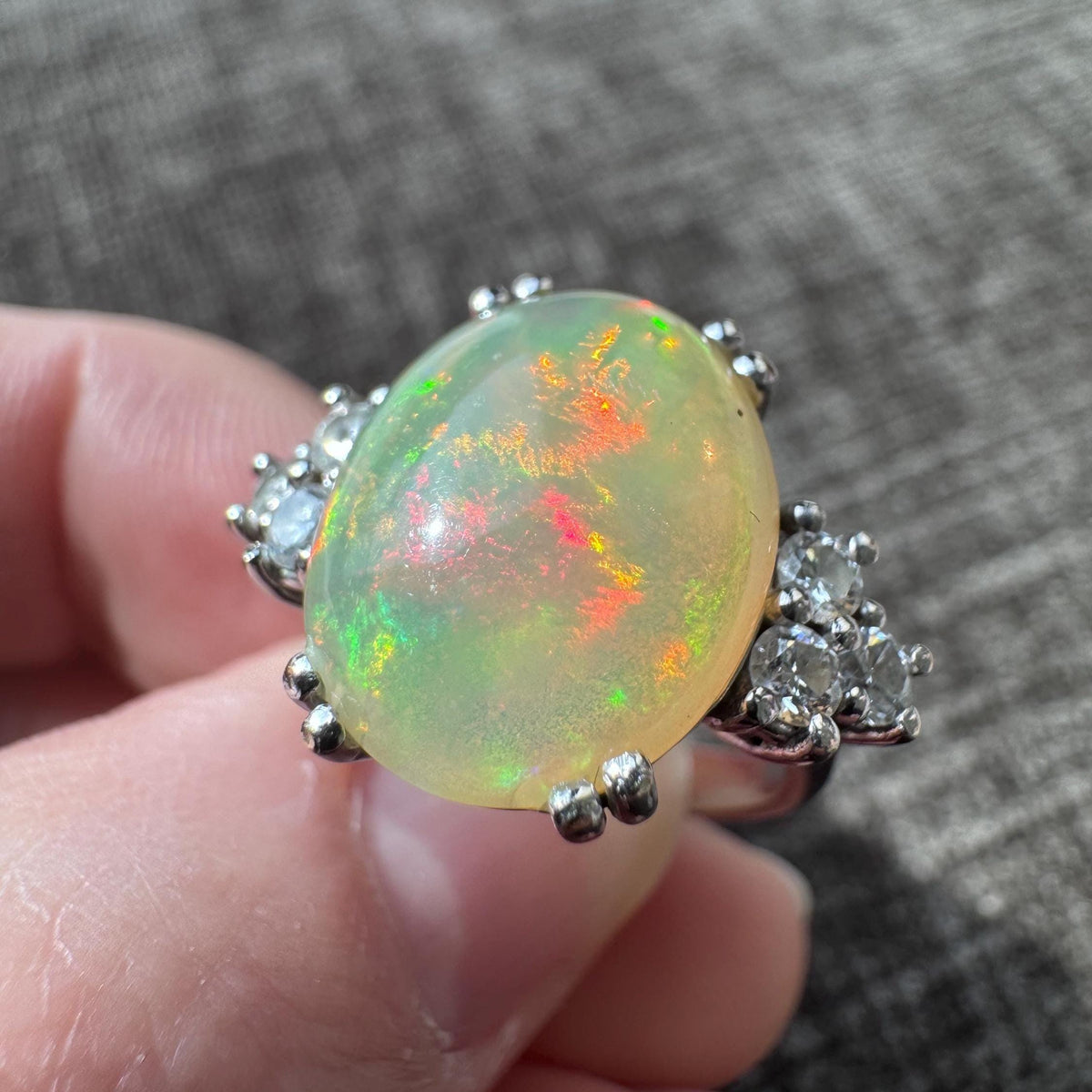 14K Solid Gold Natural Fire Opal Diamond Ring