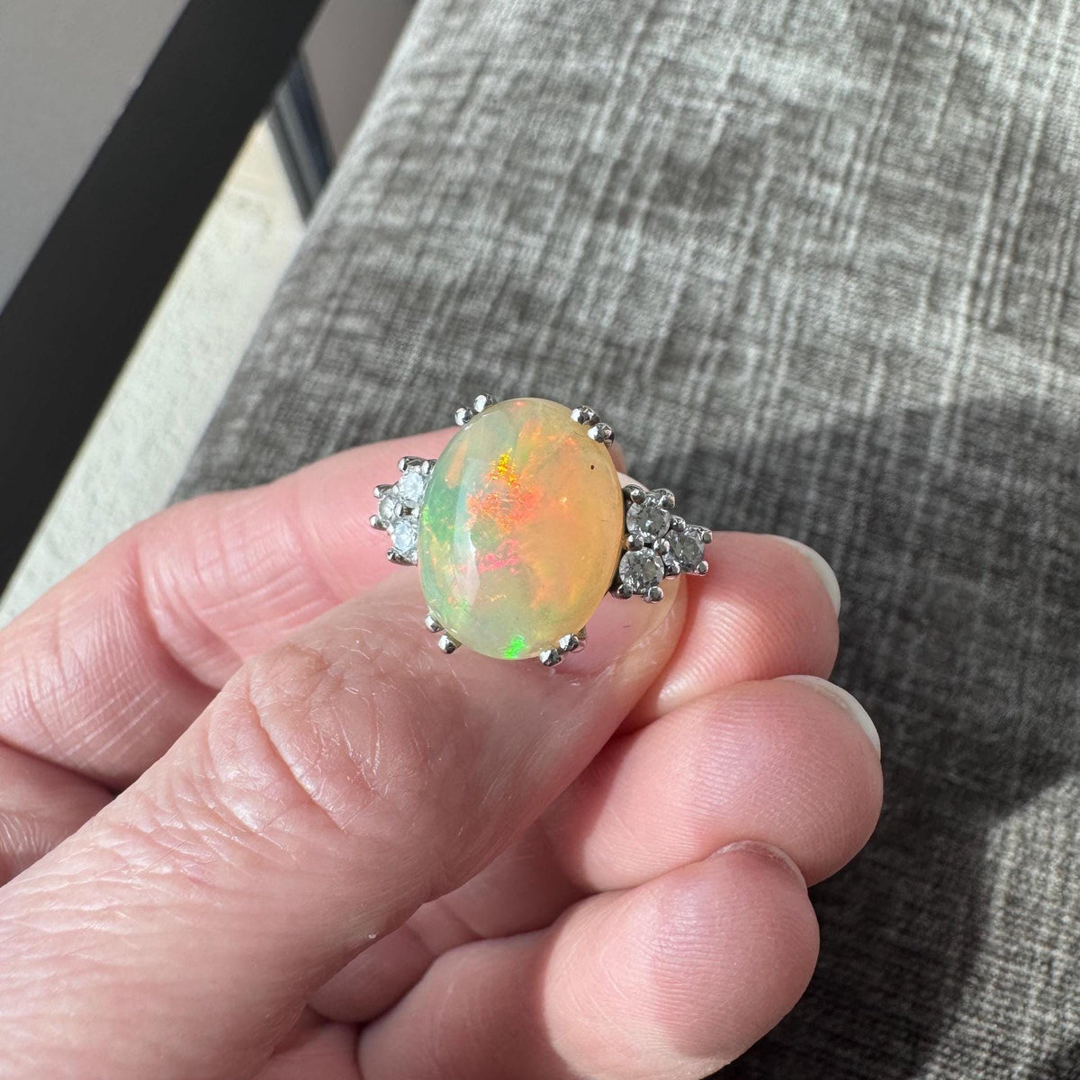 14K Solid Gold Natural Fire Opal Diamond Ring