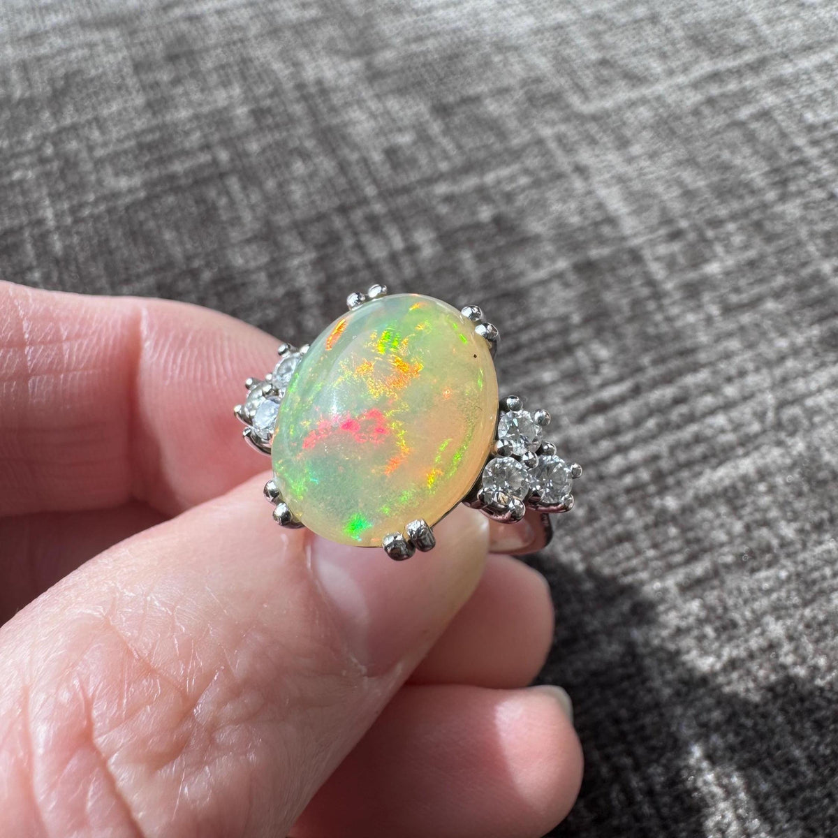 14K Solid Gold Natural Fire Opal Diamond Ring