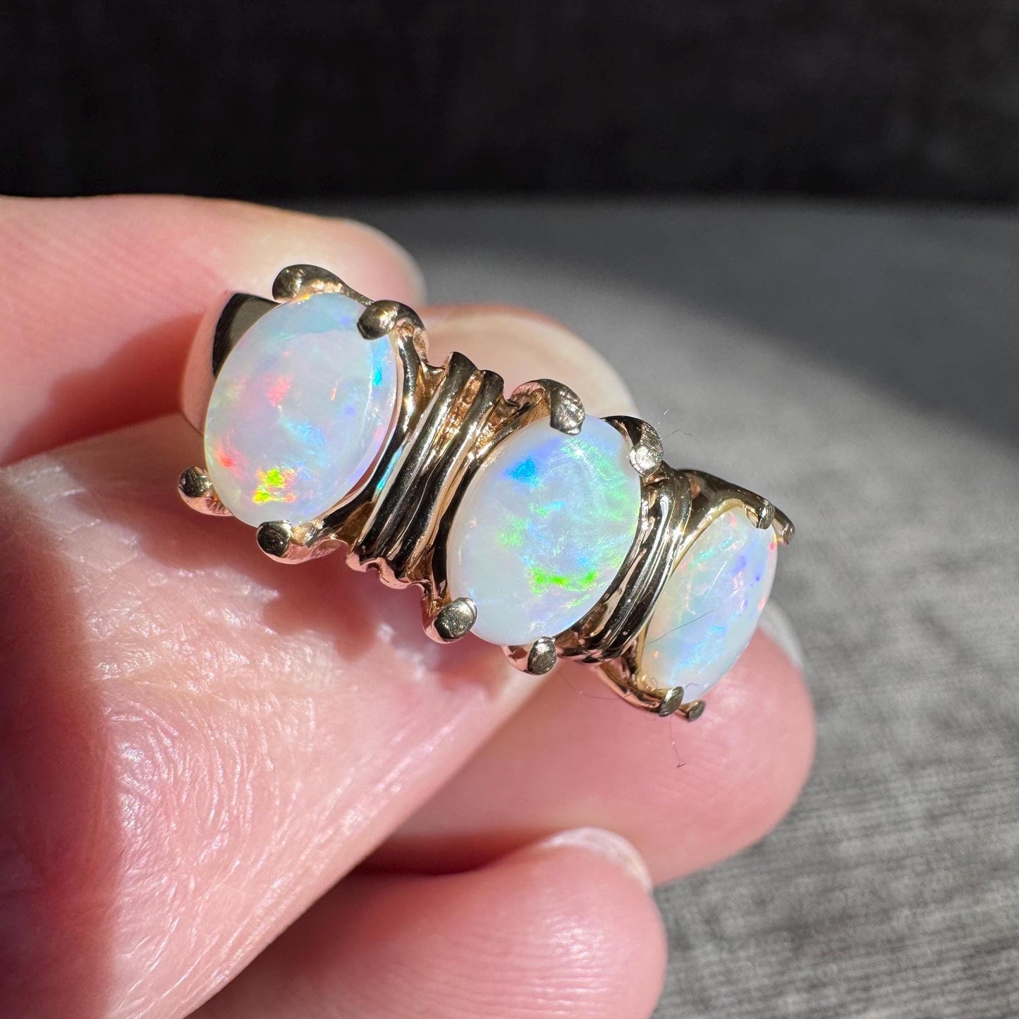 14K Solid Gold Natural Triple Fire Opal and Diamond Ring