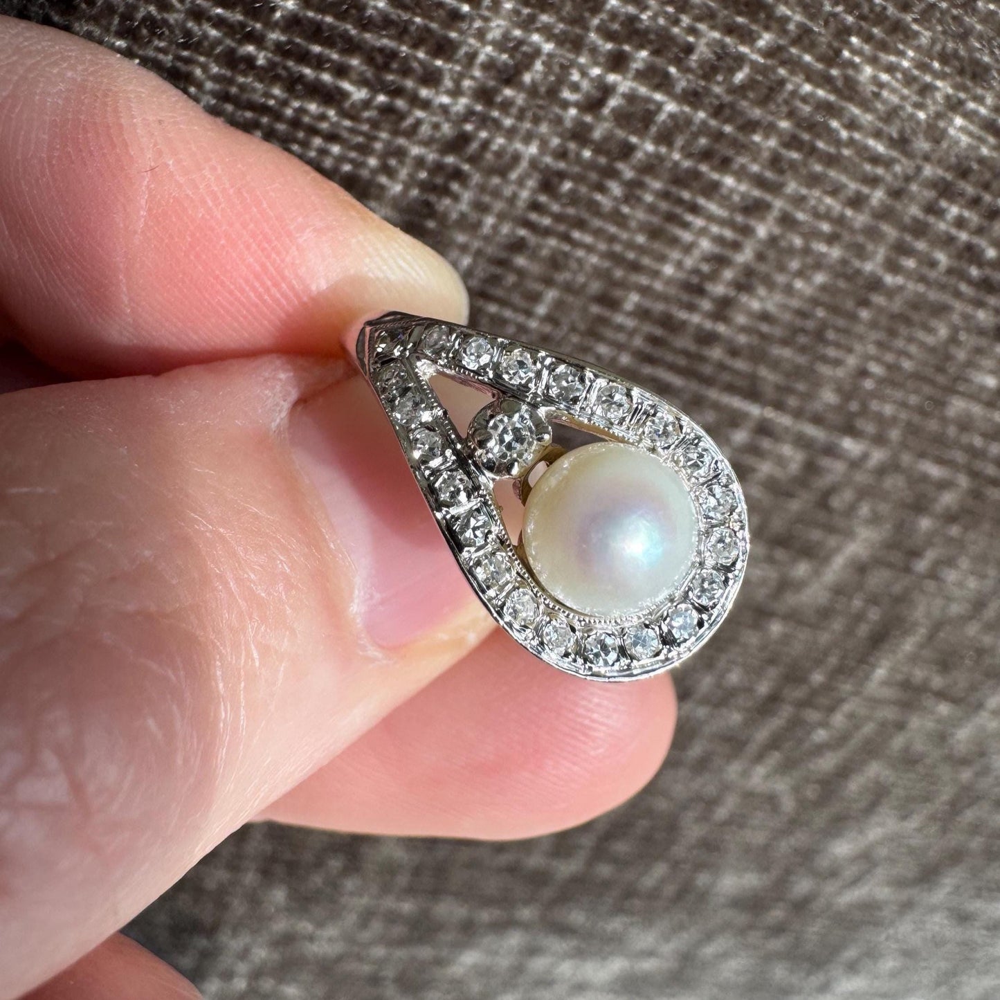 Vintage Art Deco 14k Solid White Gold Natural Pearl & Diamond Ring