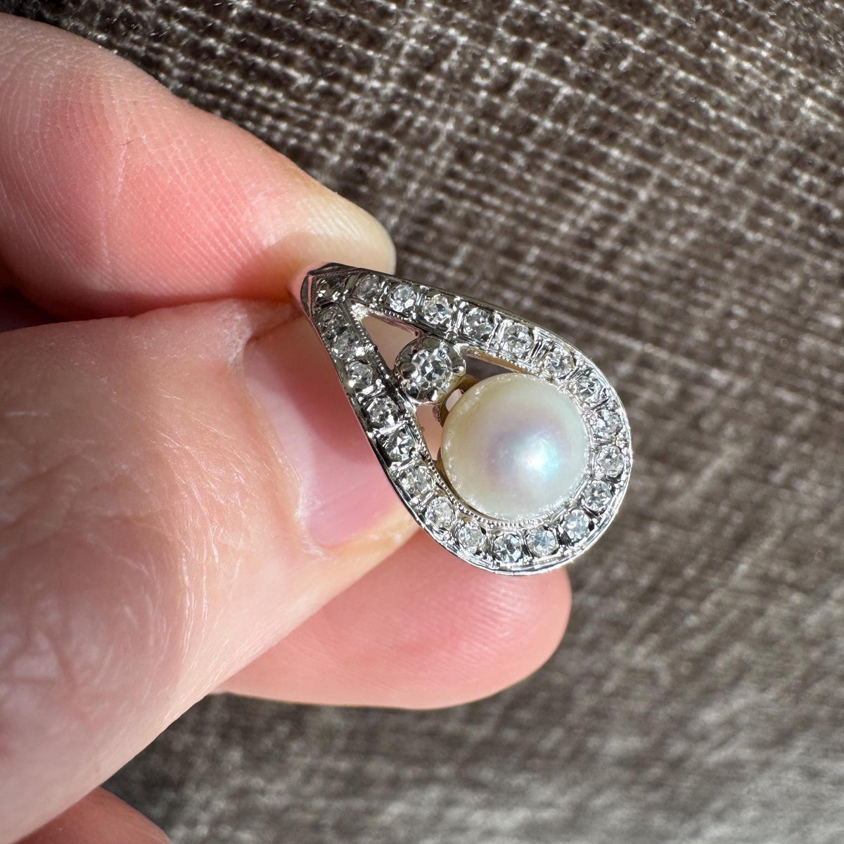 Art Deco 14k Solid White Gold Natural Pearl & Diamond Ring