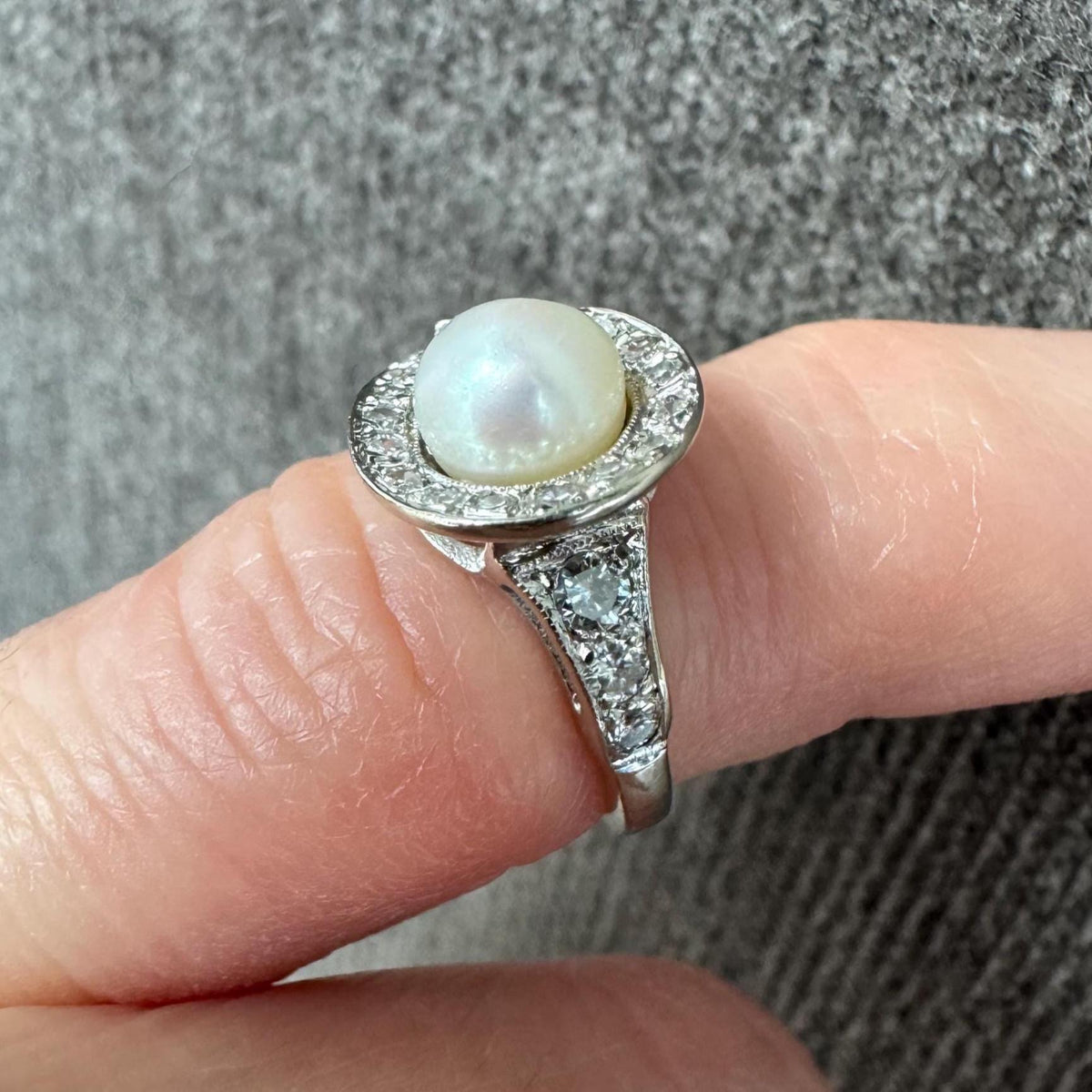 Art Deco 14k Solid White Gold Natural Pearl & Diamond Ring