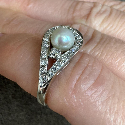 Vintage Art Deco 14k Solid White Gold Natural Pearl & Diamond Ring