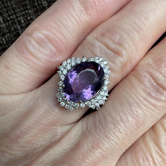 Michael Christoff 18k Solid White Gold Vintage Amethyst & Diamond Ring