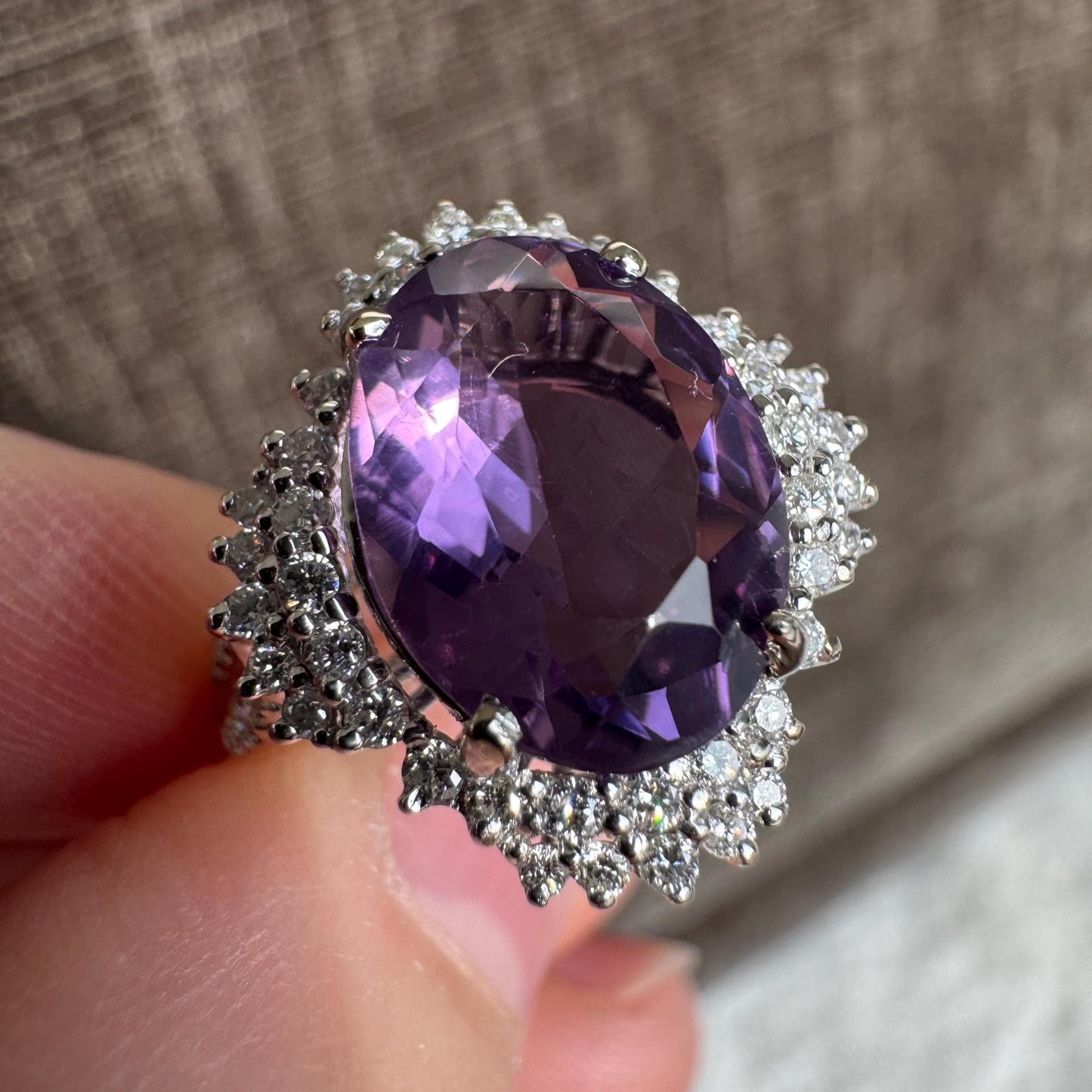 Michael Christoff 18k Solid White Gold Vintage Amethyst & Diamond Ring