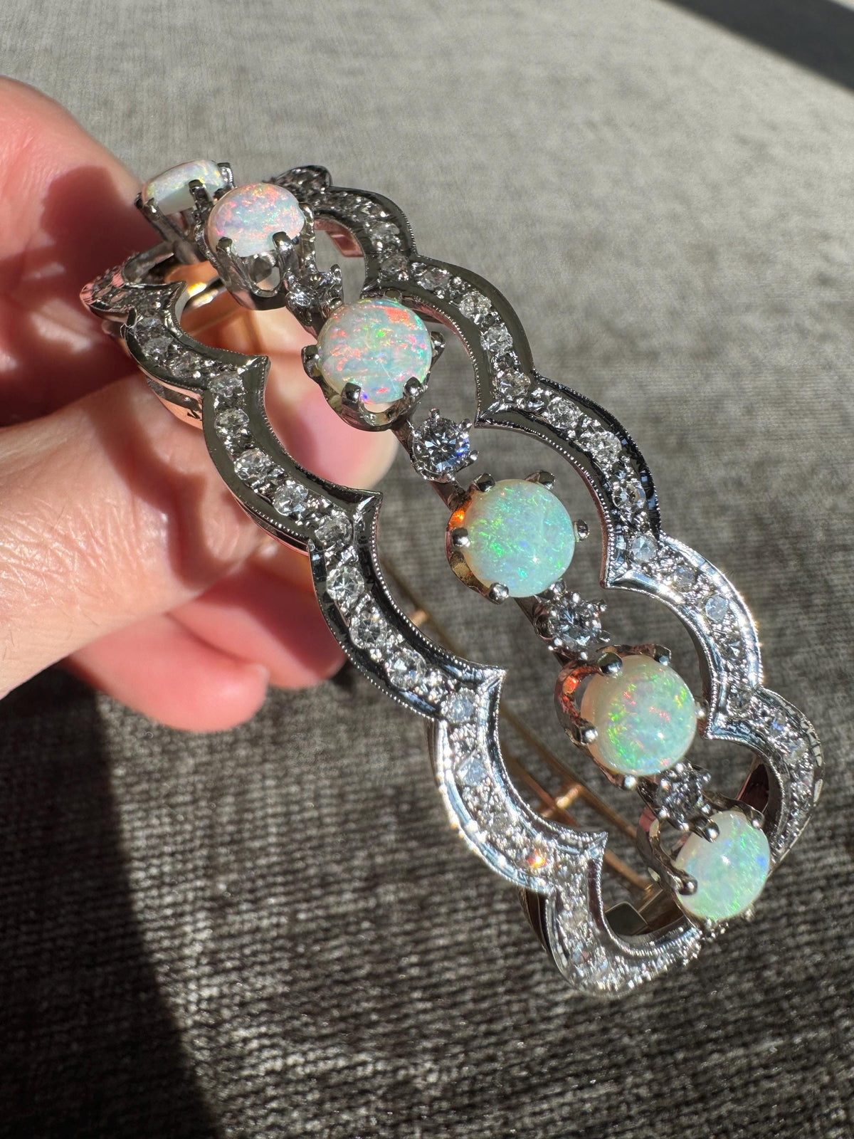14K Solid Gold Opal & Diamond Bracelet Edwardian Art Deco Bangle