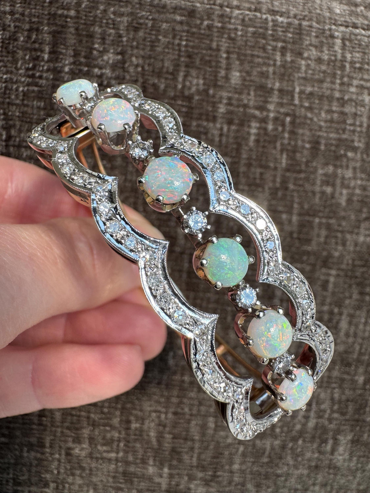 14K Solid Gold Opal & Diamond Bracelet Edwardian Art Deco Bangle