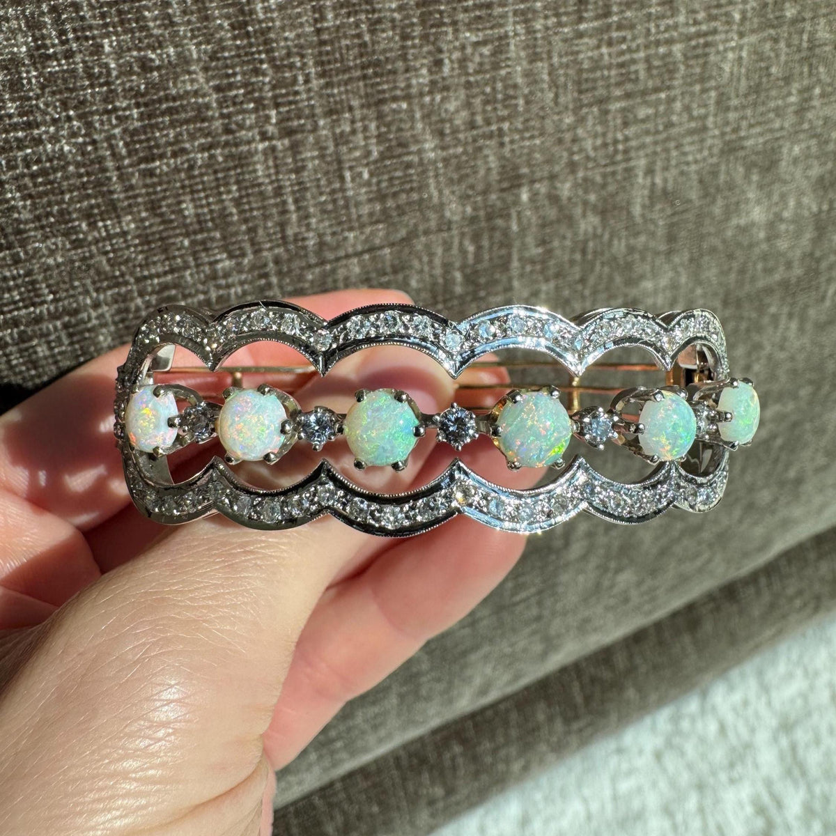 14K Solid Gold Opal & Diamond Bracelet Edwardian Art Deco Bangle