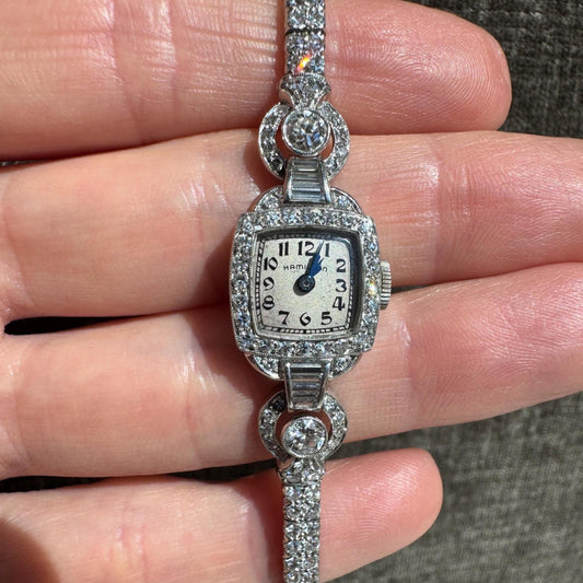 Vintage Platinum Diamond Ladies Wristwatch: 2.43ctw H/VS, Art Deco Hamilton