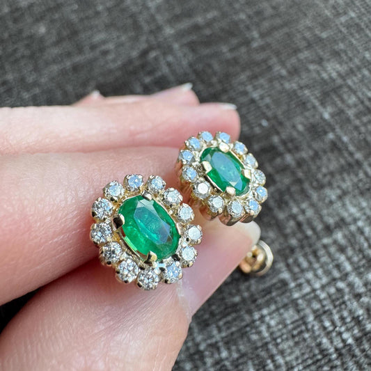 14k Natural Emerald & Diamond Halo Earrings | Vintage Solid Gold Studs | Estate Fine Jewelry