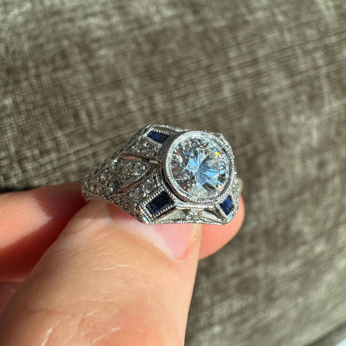Vintage Platinum Natural Diamond & Sapphire Ring
