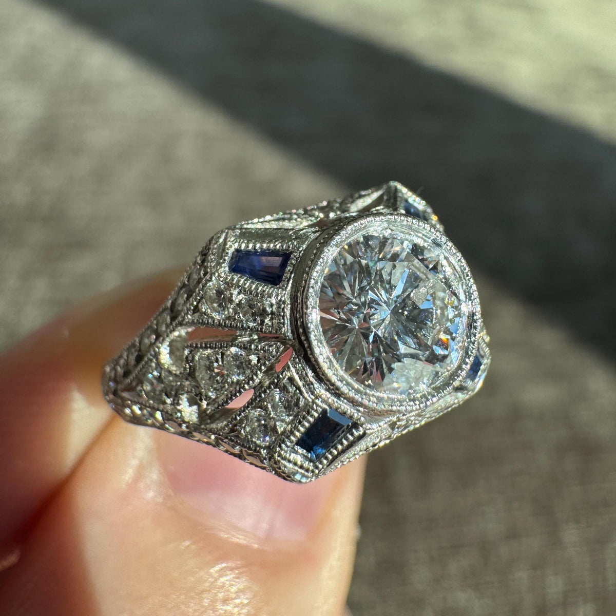 Vintage Platinum Natural Diamond & Sapphire Ring
