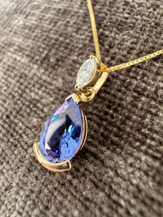 14k Yellow Gold Tanzanite & Diamond Pear Pendant: Fine Estate Jewelry