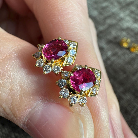 18k Natural Ruby & Diamond Earrings | Vintage Solid Gold Studs | Estate Fine Jewelry