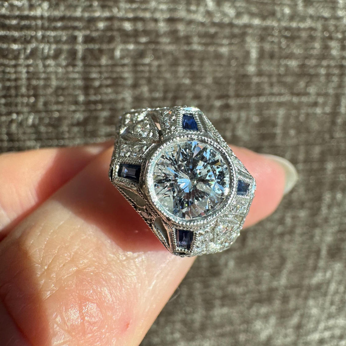 Vintage Platinum Natural Diamond & Sapphire Ring