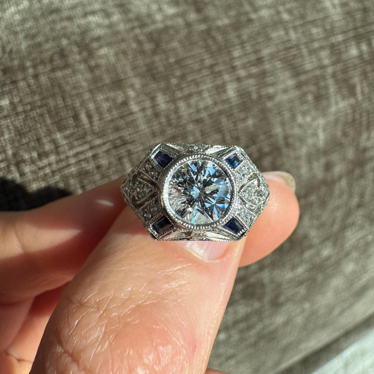 Vintage Platinum Natural Diamond & Sapphire Ring