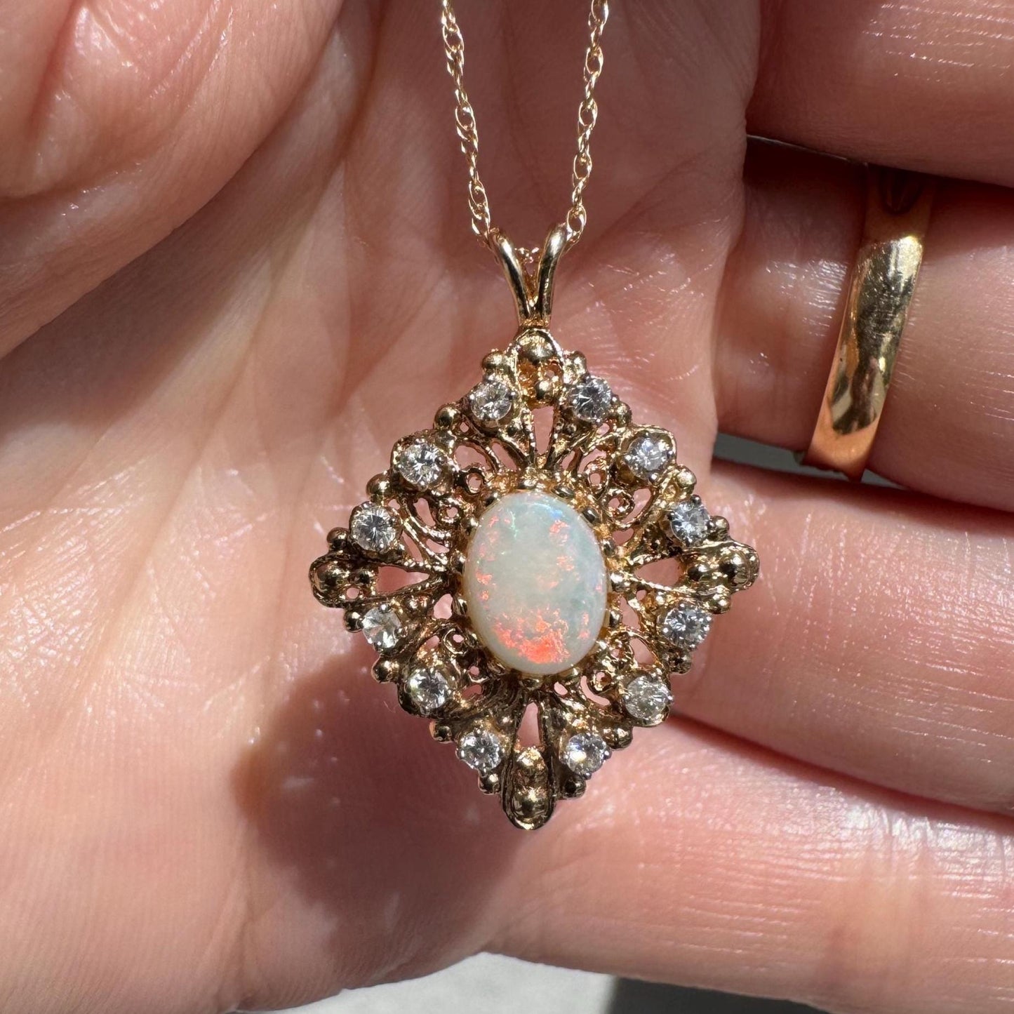Vintage 14k Gold Opal & Diamond Pendant | Natural Opal Necklace | Fine Estate Jewelry