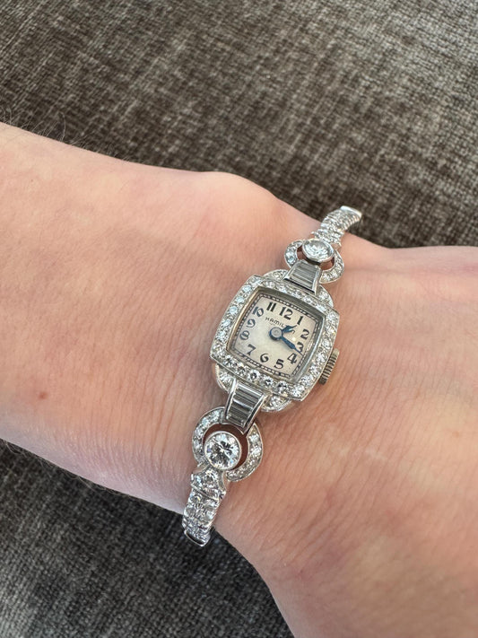 Vintage Platinum Diamond Ladies Wristwatch: 2.43ctw H/VS, Art Deco Hamilton