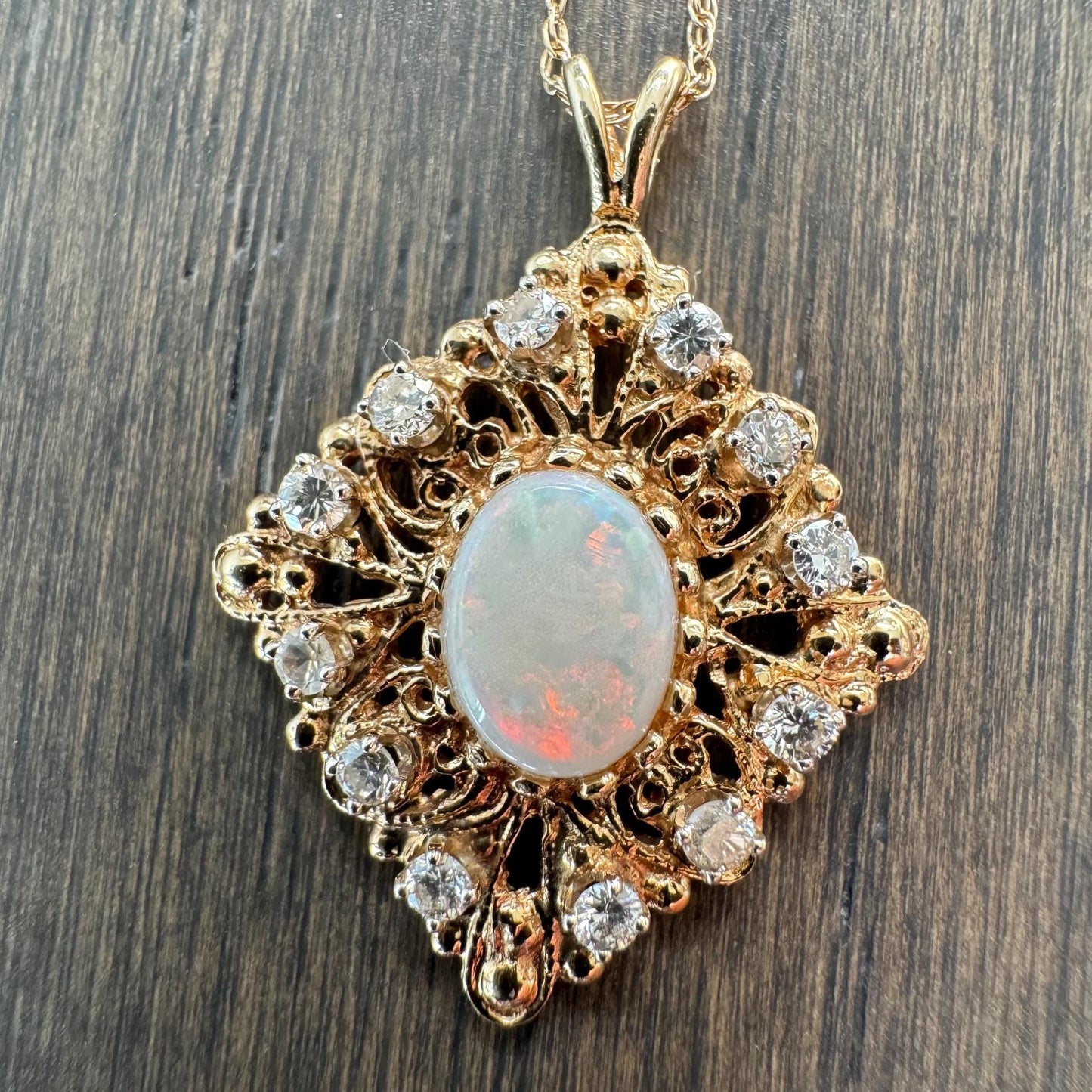 Vintage 14k Gold Opal & Diamond Pendant | Natural Opal Necklace | Fine Estate Jewelry