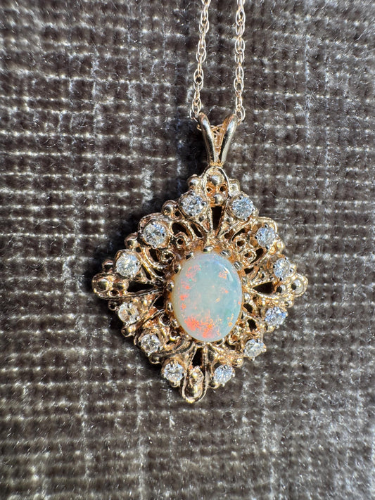 Vintage 14k Gold Opal & Diamond Pendant | Natural Opal Necklace | Fine Estate Jewelry