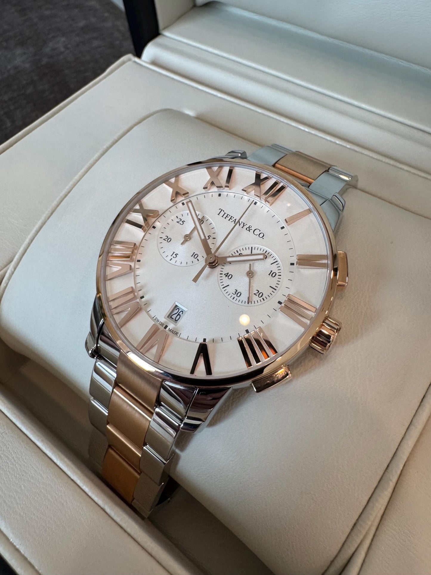Tiffany & Co Atlas Chronograph Watch | Rose Gold and Steel | 42mm Auto